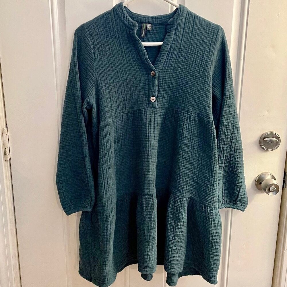 Shannon Passero GreenTextured Cotton Dress S Crinkle Gauze Lagenlook Pockets - Picture 1 of 8